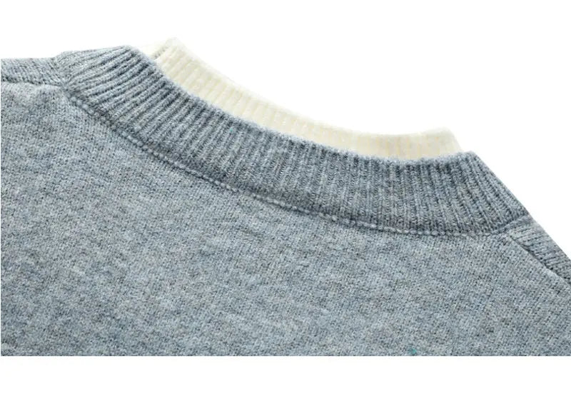 Fake Two Piece Pullover Cardigan Men Round Neck Long Sleeve Clothing Thermal Warm Comfortable Youth Casual Knit Sweater