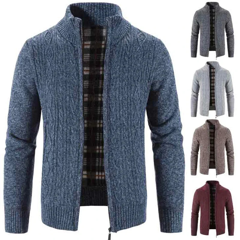Winter Autumn New Sweater Knit Cable Cardigan Men Business Casual Jacket Zipper Up Solid Color Turn-down Coat Fleece Clothes