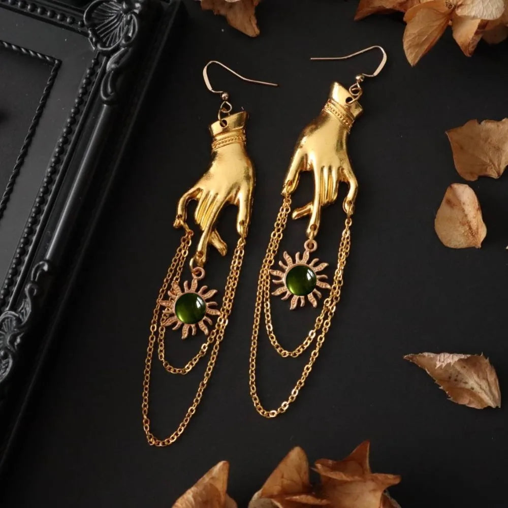 Hip Hop Gold Color Hands Sun Micro-inlay Gemstone Metal Chain Tassels Dangle Earrings for Women Halloween Party Jewelry