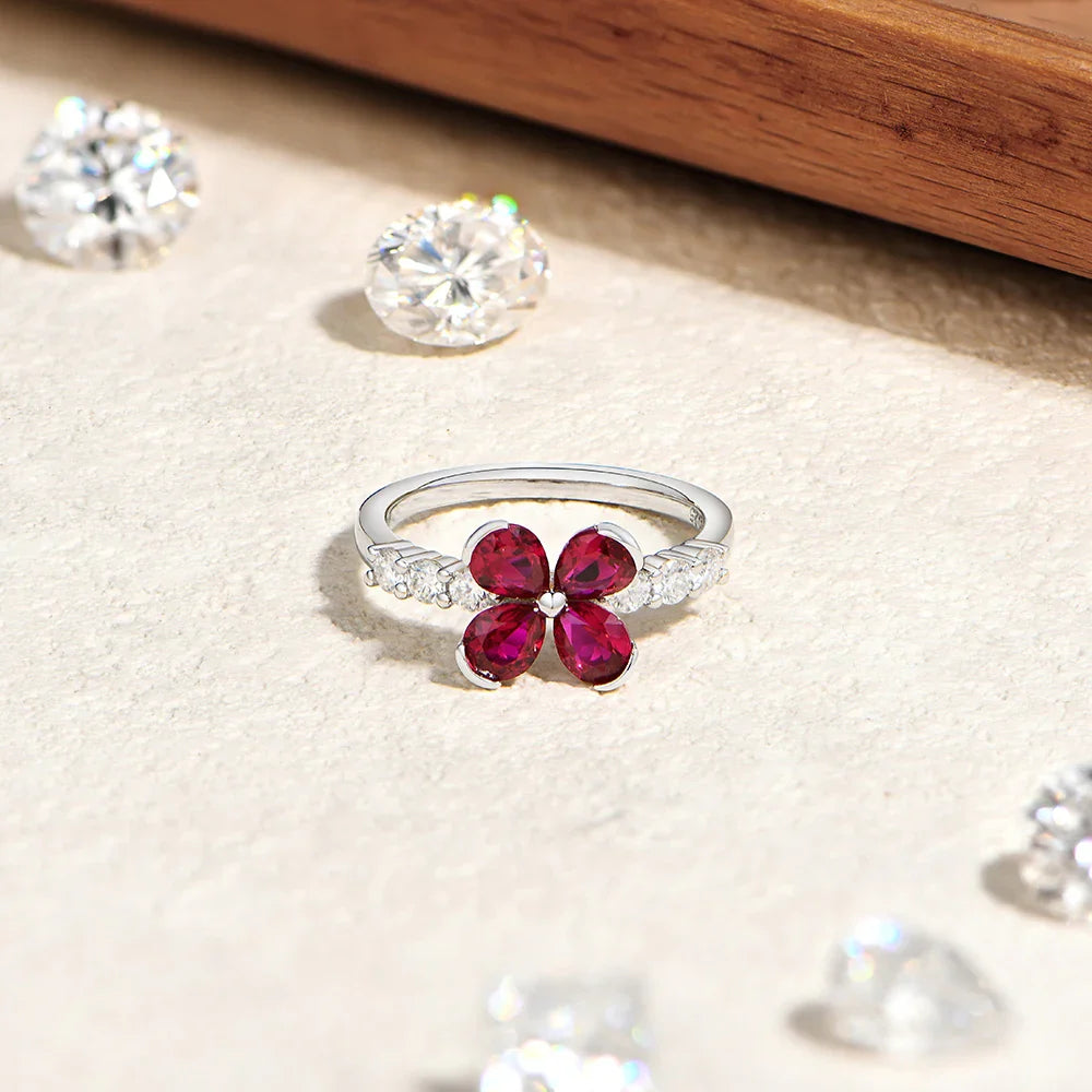 Original Teardrop Ruby Flower Ring ForWomen Pave Moissanite Engagement Rings 925 Sterling Silver Jewelry Gift For Party