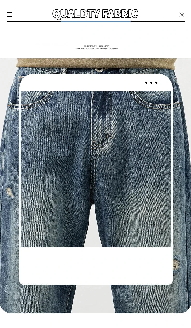 Korea Baggy Cargo Jeans Men Vintage Straight Ripped Y2k Pants Fashion Frayed High Street Distressed Denim Trousers Male Clothes