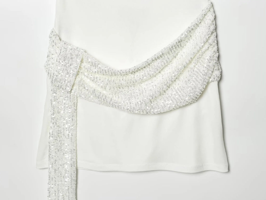 2026 Women Elegant White Short-Sleeved Backless Sequined Splicing Decoration Sexy Short Dress Woman Fashion Party Mini Dress
