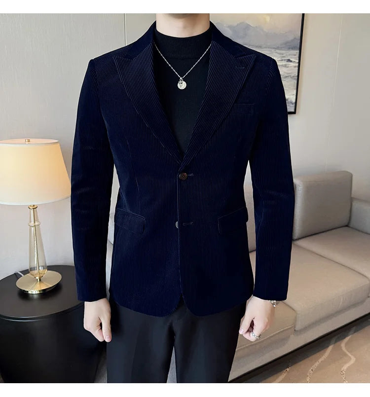 Corduroy Stripe Suit Jacket For Men Autumn Winter Business Slim Fit Tailcoat Formal Wedding Party Fashion Casual Suit Coat 4XL-M