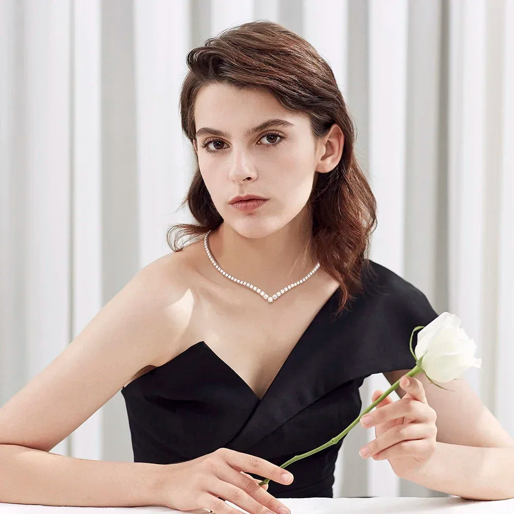 Luxury V-shaped All Moissanite Diamond Tennis Necklace Certified For Women 925 Sterling Silver Choker Bride Collarbone Necklaces