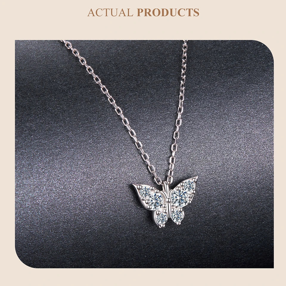 Moissanite Butterfly Necklace 925 Sterling Silver Insect Pendant Necklace Adjusable Link Chain for Women Sparkling Gift