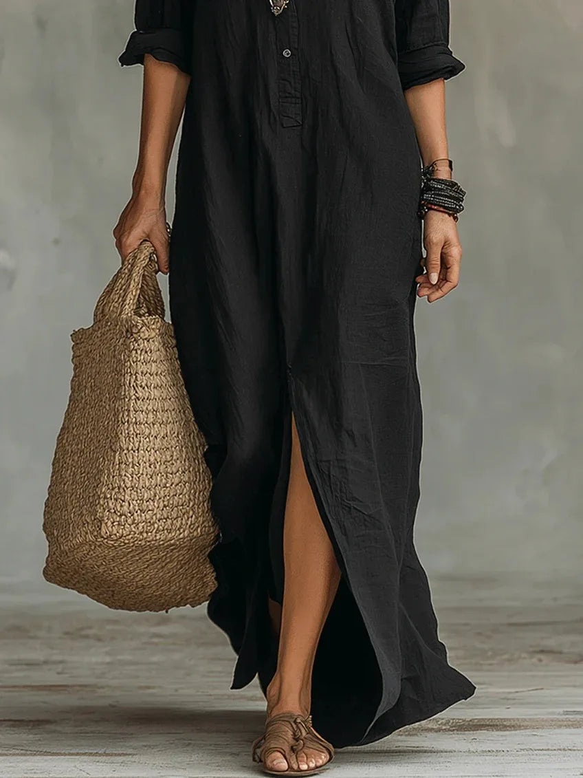 Casual Long Sleeve Loose Maxi Dress Women 2026 Summer Solid Color Turn-down Collar Beach Long Dresses Elegant Vestidos