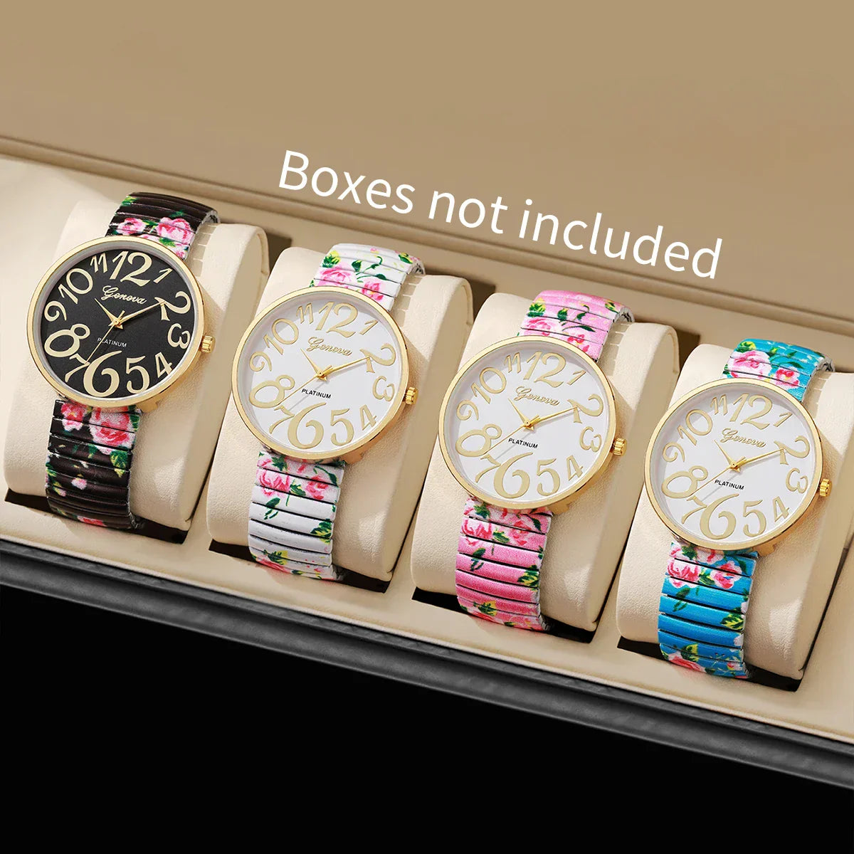 1/2/3/4PCS Fashion Flowers Printed Women Watch Luxury Elastic Strap Arabic Quartz Watches Reloj Mujer Girls Clock（Without Box）