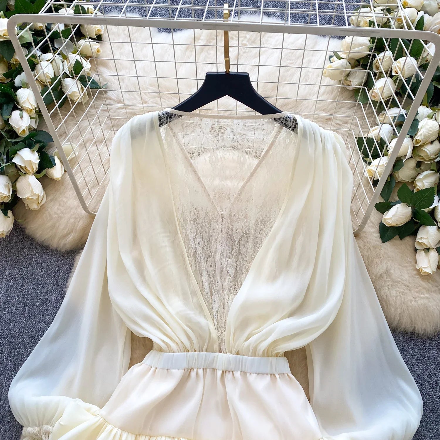 Fairycore Lace Chiffon Dresses With Stretch Shorts Pearl Button Bow Female Ruffles Sheer Seaside Holiday Mini Dress