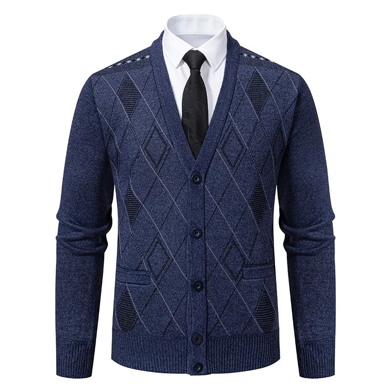 Men Plaid Cardigan V-neck Fleece Sweater Men's  Autumn Clothing Classic Cardigans Jacket Button Mens Knitting Outwear