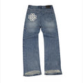 Y2K Vintage Ripped Jeans Patchwork Pocket Flower Embroidery Blue Bootcut Denim Pants American Style Hip Hip Unisex Baggy Pants