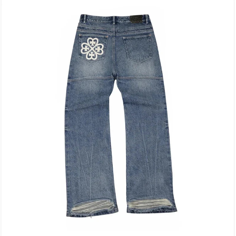 Y2K Vintage Ripped Jeans Patchwork Pocket Flower Embroidery Blue Bootcut Denim Pants American Style Hip Hip Unisex Baggy Pants