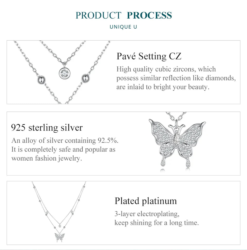 925 Sterling Silver Double-layer Tassel Butterfly Pendant Necklace for Women Engagement Gift Fine Jewelry BSN308