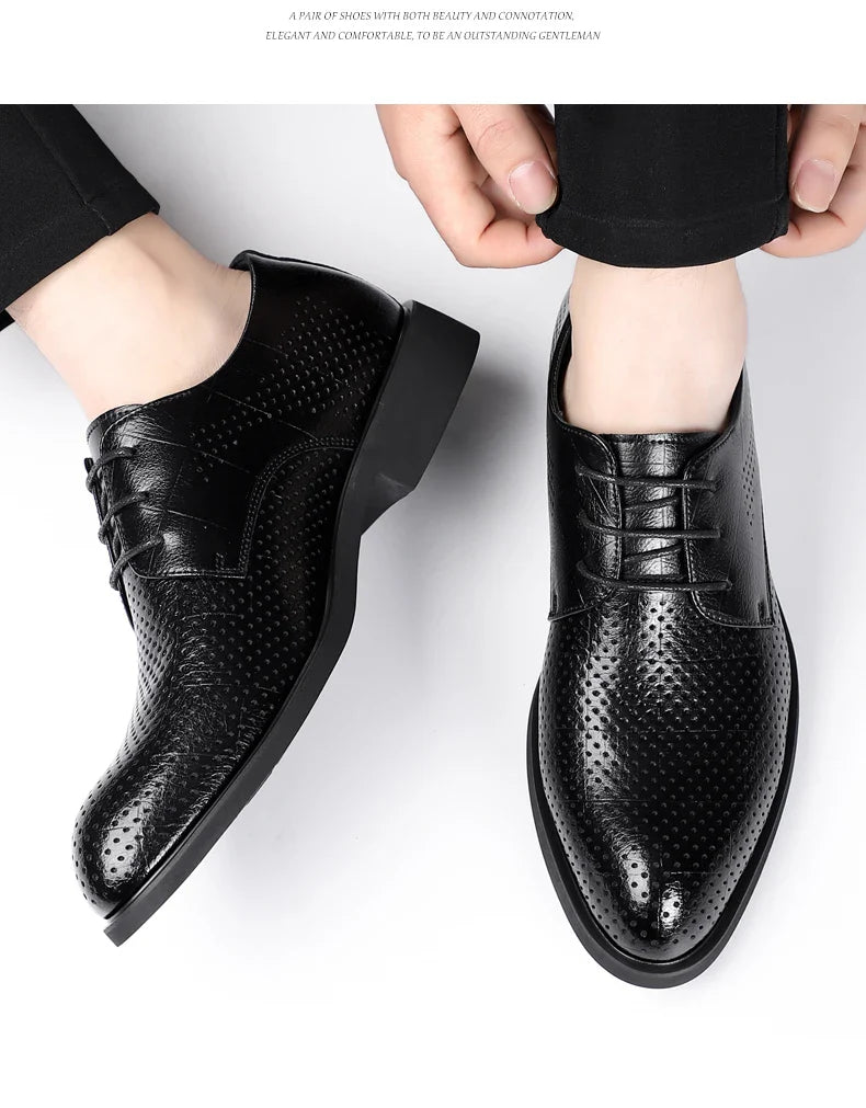 Men Spring Summer Hollow Out Breathable Elevator Shoes 6cm Hidden Height Increasing Business Formal Dress Office Wedding Shoes