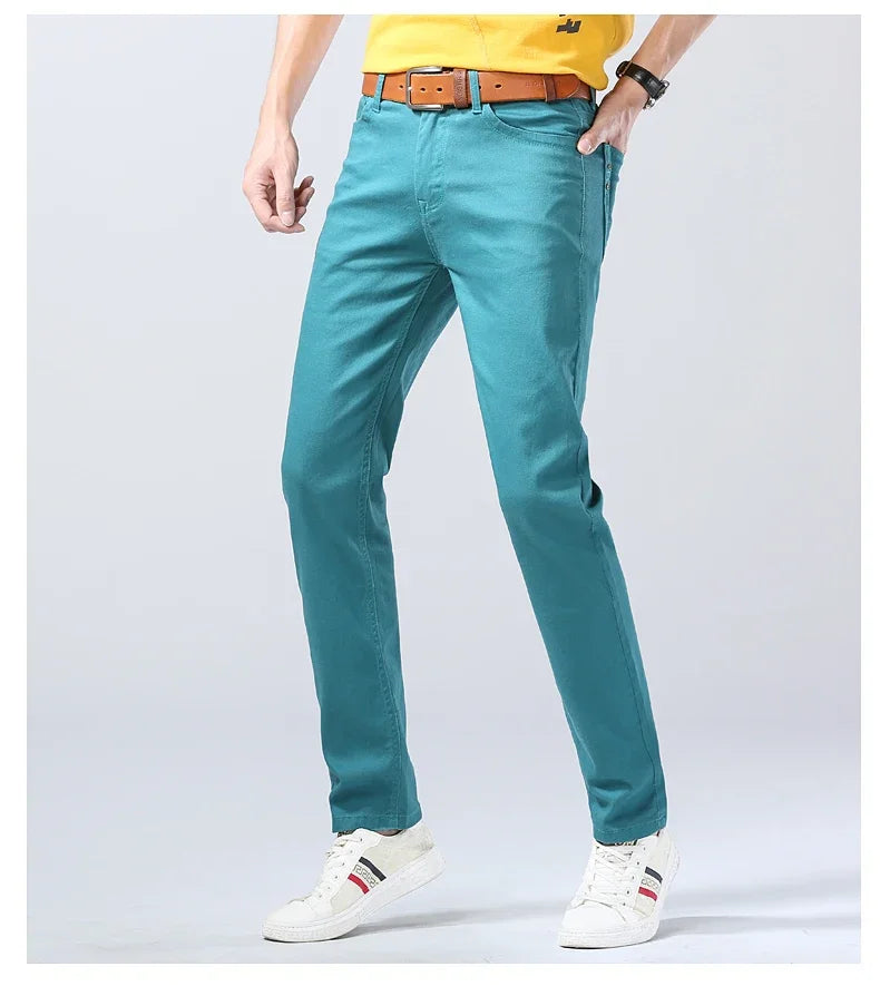 2024 Autumn New Men's Stretch Fit Jeans Bright Trendy Denim Straight-leg Trousers Male Red Lake Blue Yellow Trousers