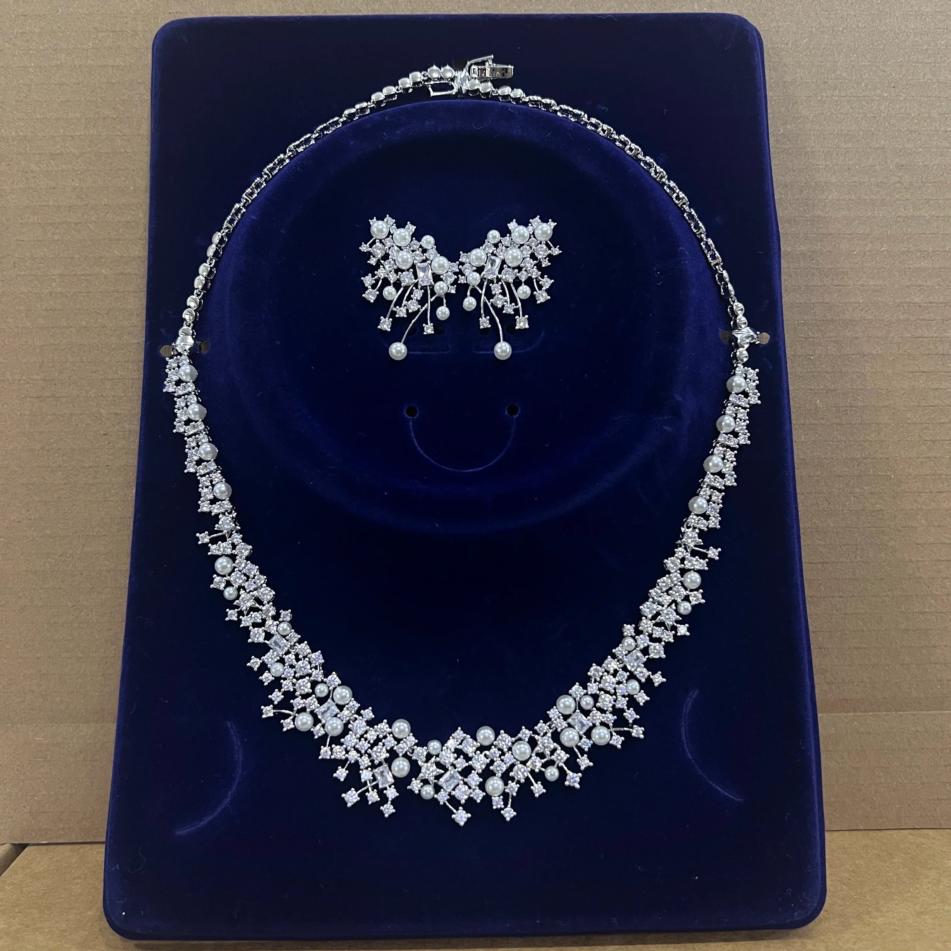 Gorgeous Cubic Zirconia Stone Choker Fashion Pearl Necklace for Women Wedding Bridal Costume Jewelry Set X0620