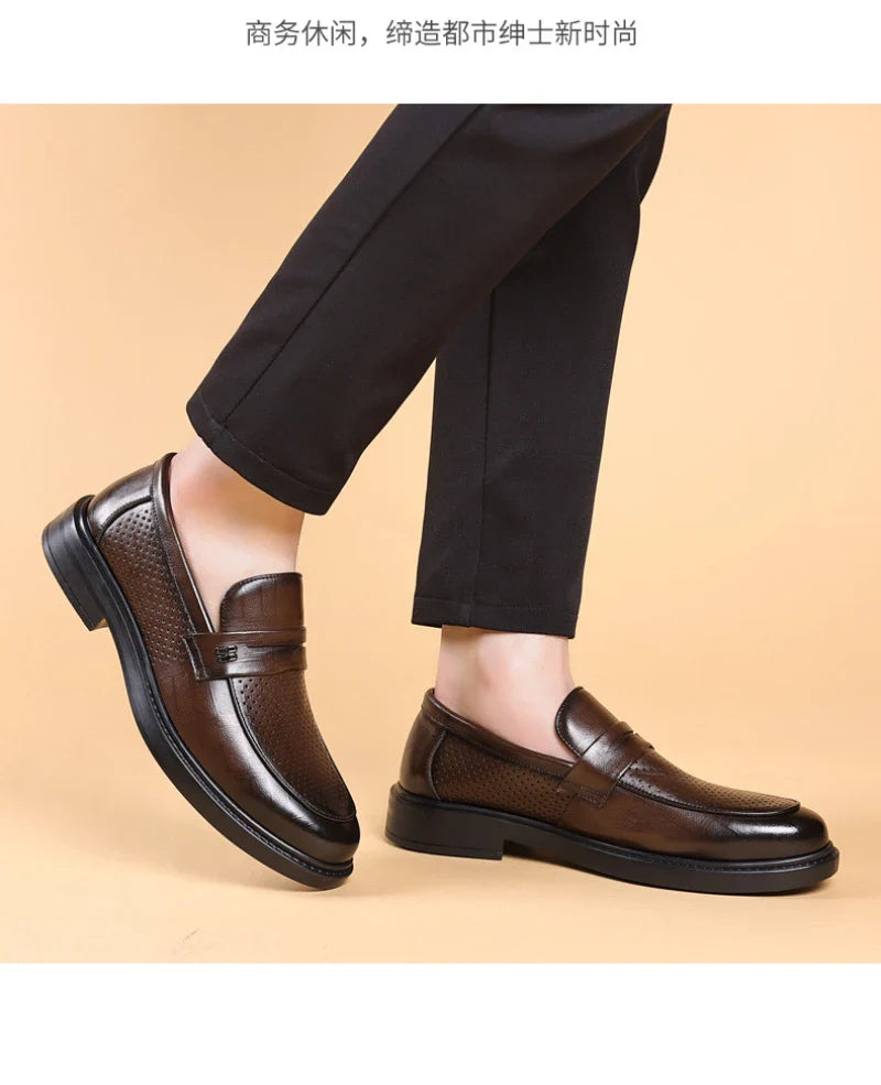 Mens Black Penny Loafers With Perforated Detail Slip On Comfortable Breathable Dress Shoes For Business Office And Summer Wear