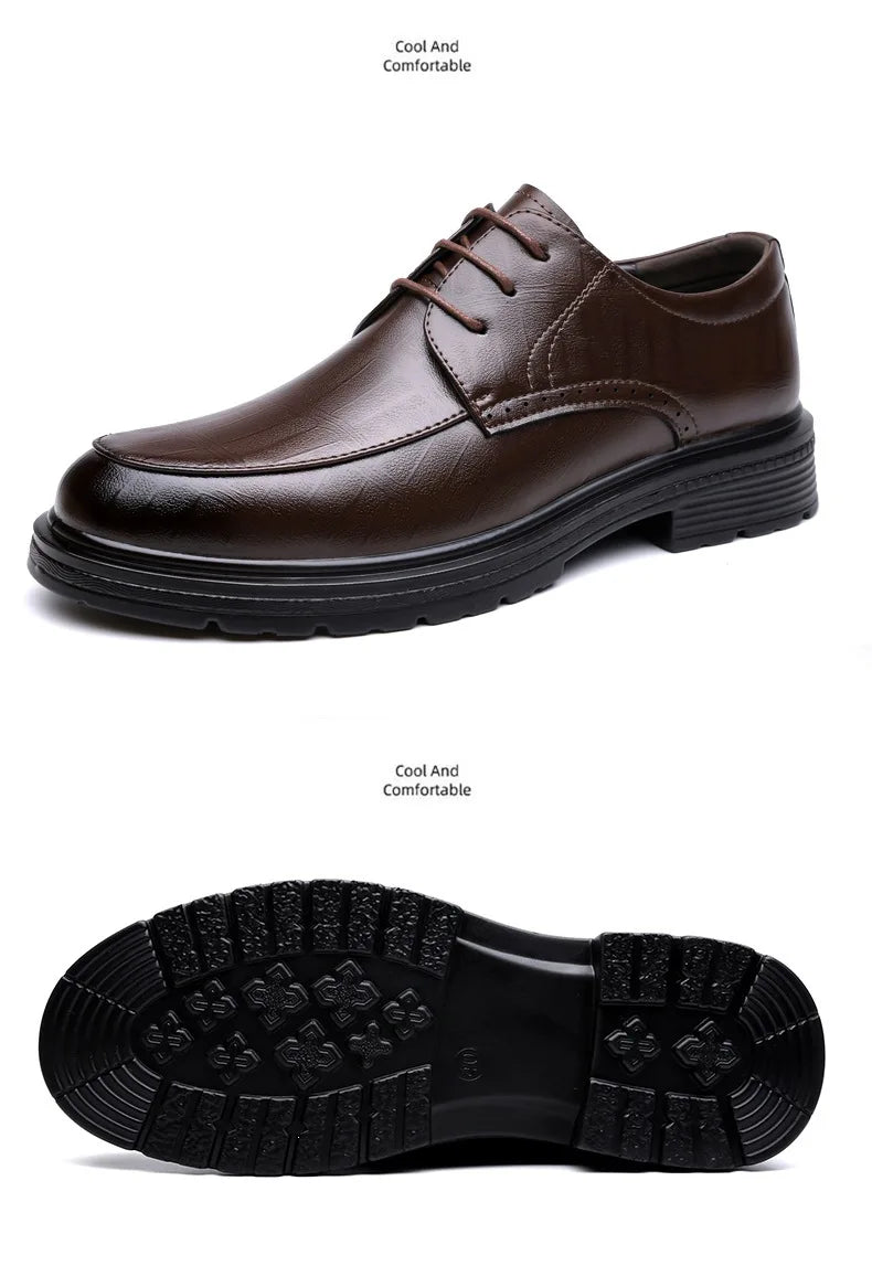Men's Lace-up Business Casual Leather Shoes Spring Autumn New Platform Work Shoes Male Fashion Solid Color Dress Shoe Man
