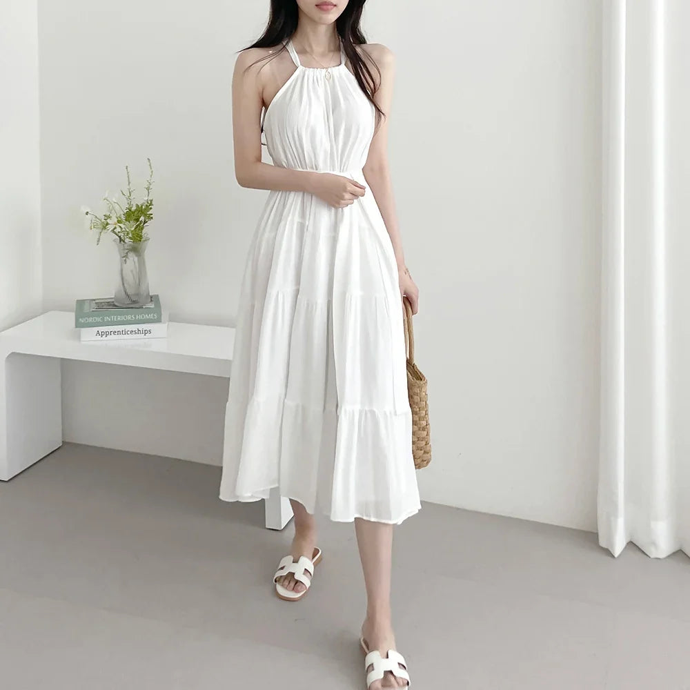 Korean Style Summer Slimming Necktie Waist Cinched Sleeveless Vest Long Dress Women's Fashionable Commute Style Inner Wear