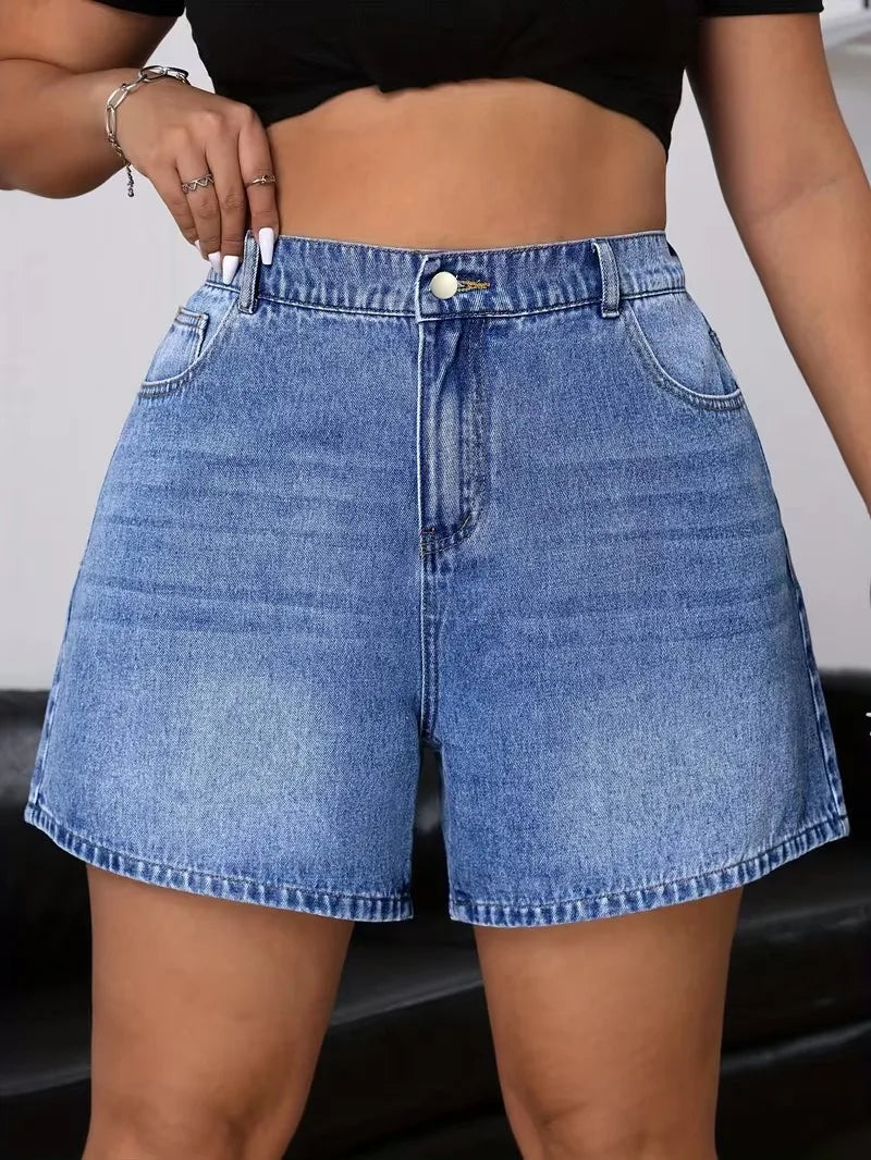 Plus Size Retro Deep Blue Elastic Washed Denim Shorts Women Summer New Y2k Streetwear High Waisted Loose Jean Shorts