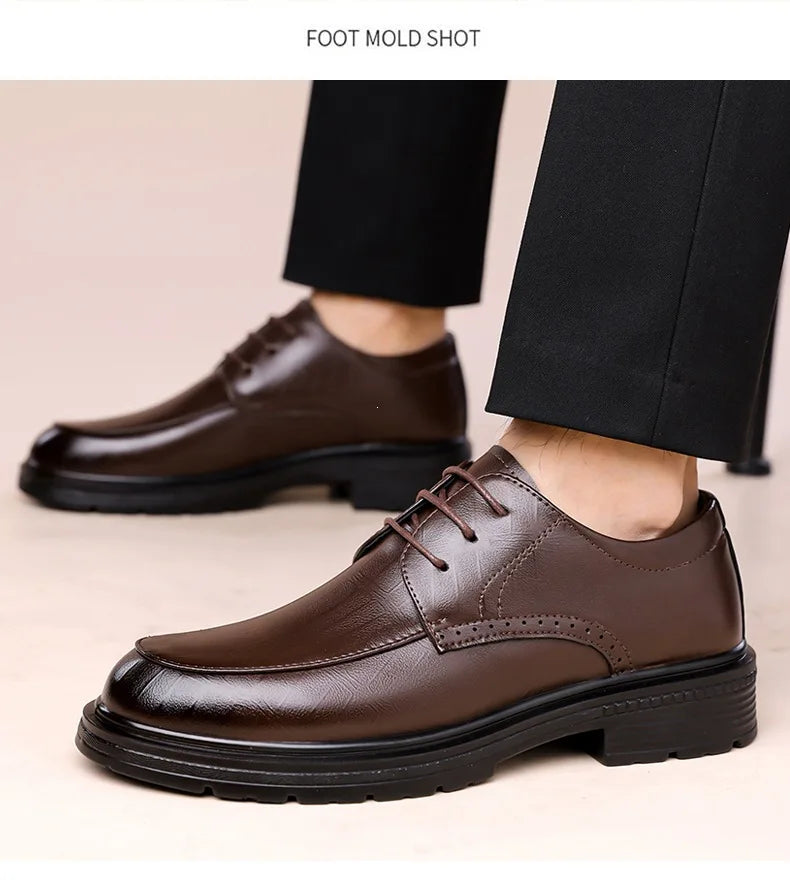 Men's Lace-up Business Casual Leather Shoes Spring Autumn New Platform Work Shoes Male Fashion Solid Color Dress Shoe Man