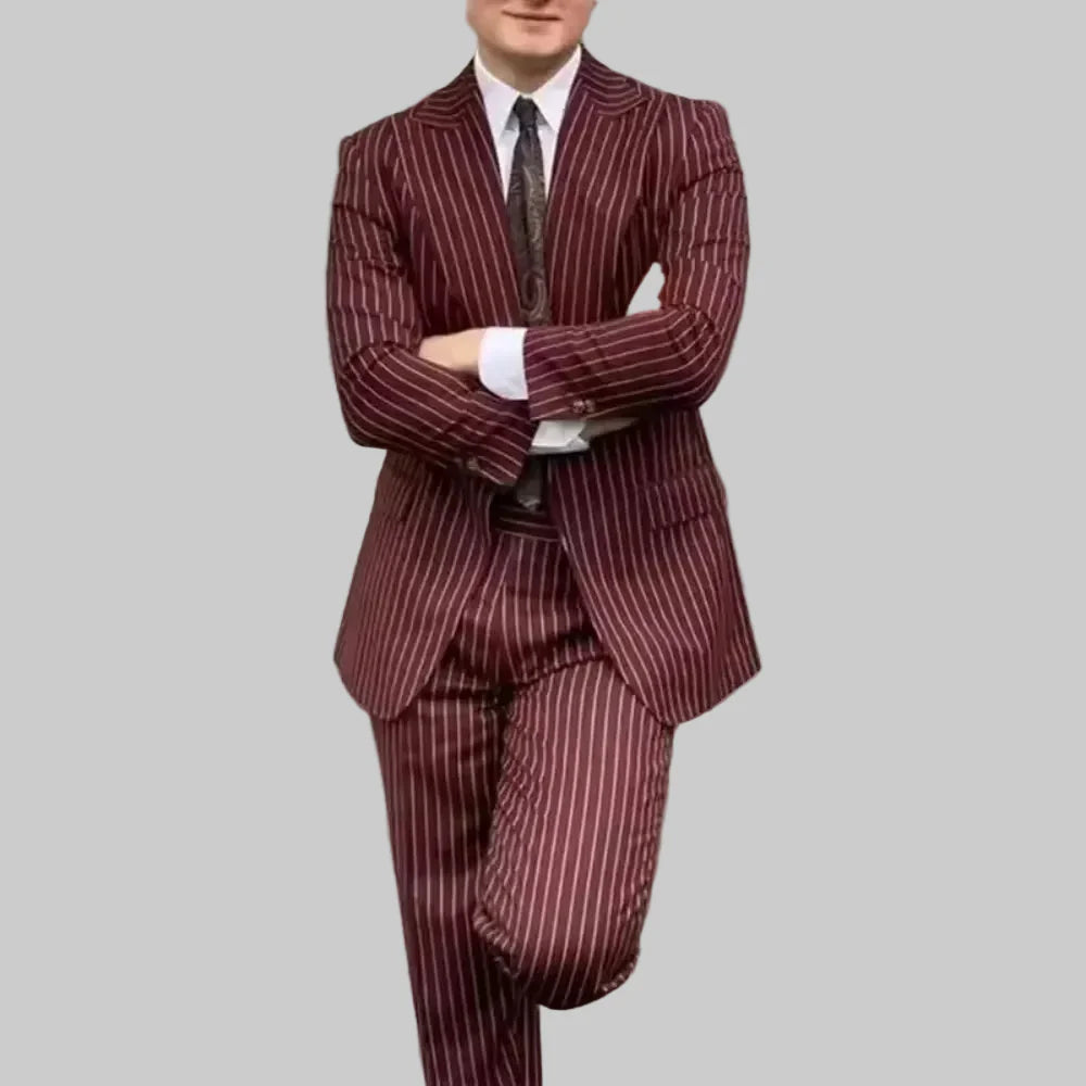 Formal Burgundy Stripes Business Stylish Casual Single Breasted Dress Suit 3 Piece Wedding Suit For Men Office Work Party Prom