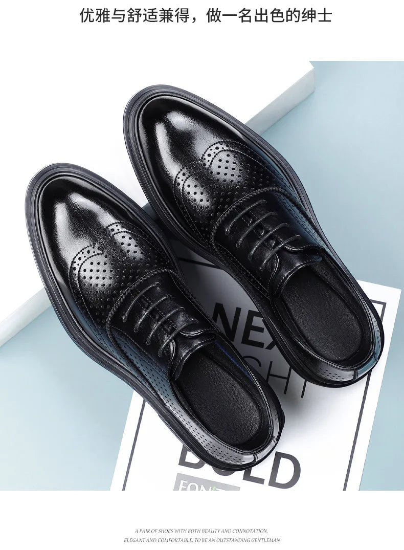Spring Summer Hallow Leather Shoes for Men 3 6 8cm Increase Fashion Dress Shoes Male Black Business Casual Shoes Man
