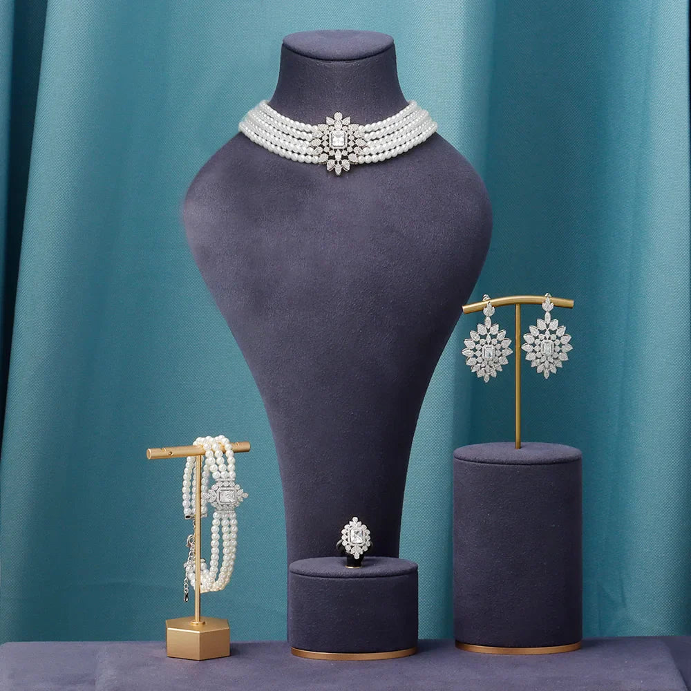 Gorgeous 5 Layered Imitation Pearl Choker with Planet Pendant Necklaces Bracelet Zircon 4PCS Jewelry Set for Women Wedding