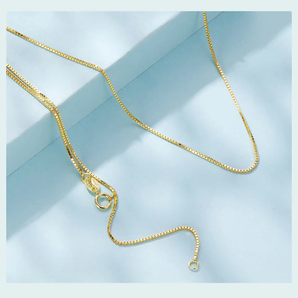 Solid Gold Over 925 Sterling Silver Chain Necklace for Women Teens DIY, 0.8mm Box Chain Super Thin & Strong Basic Chain