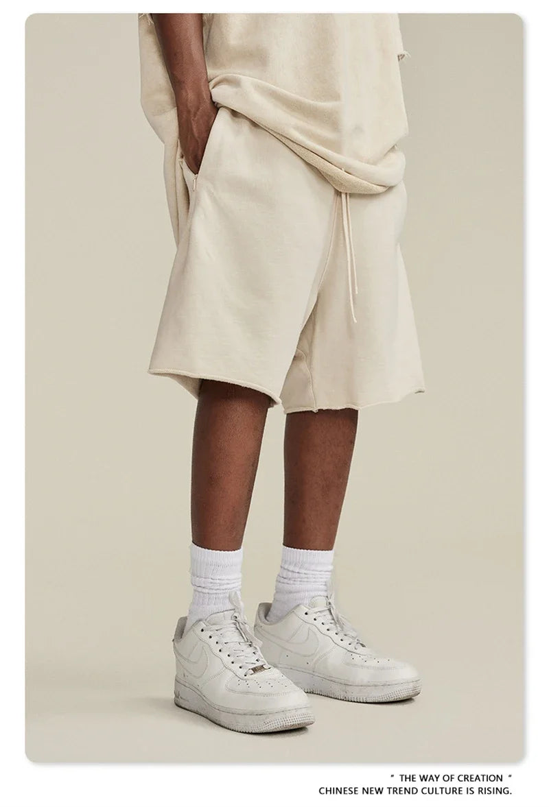 New Summer Men Retro Washed Shorts Unisex Drawstring Loose Edge 420gsm Solid Knee Length Cotton Pants Streetwears HY0589