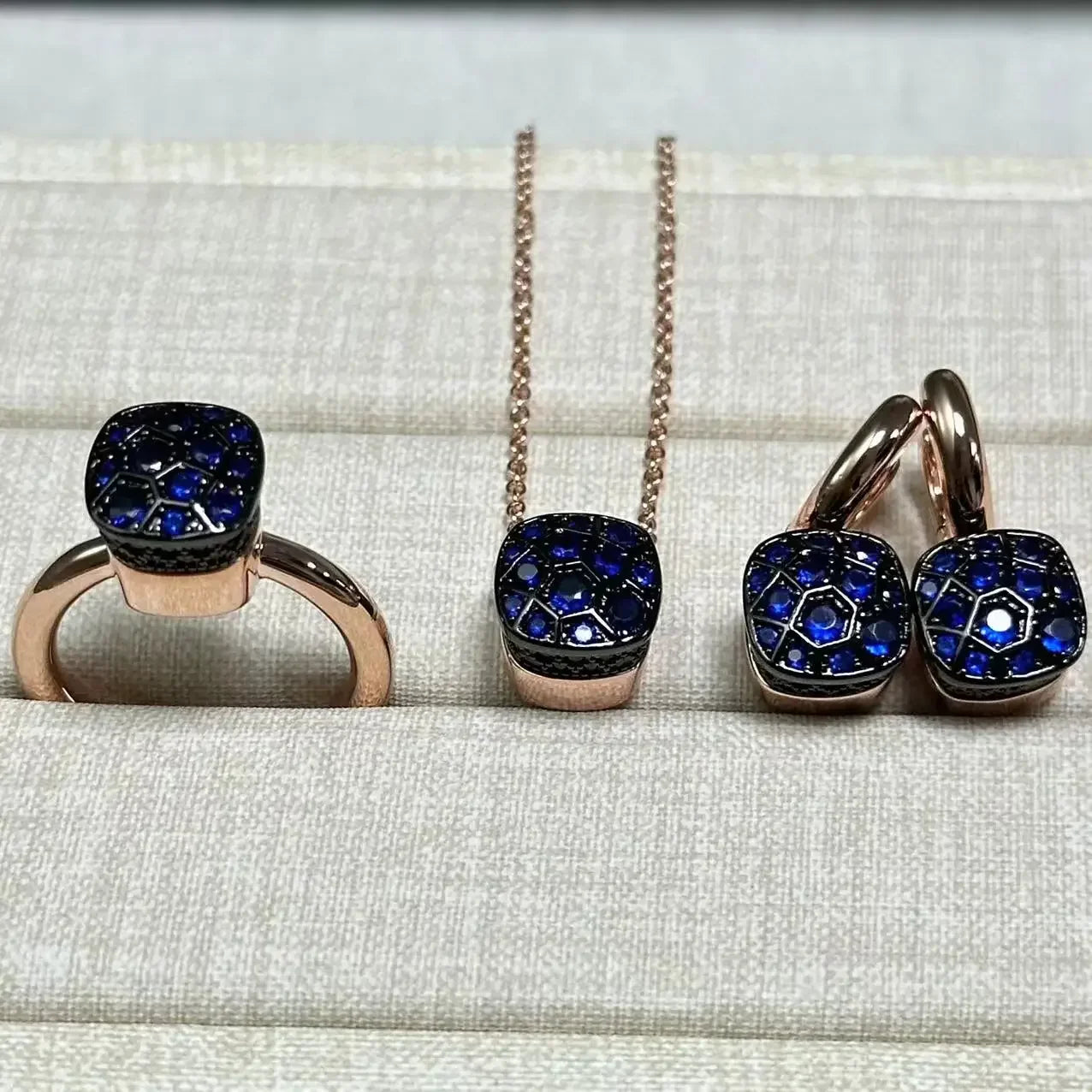 10.6mm Honeycomb Style Jewelry Set For Women Ring Earrings Necklace Rose Gold Candy Crystal Bijoux Gift