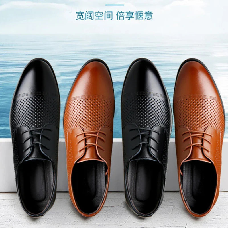 Mens Black Genuine Leather Perforated Cap Toe Lace Up Formal Business Oxford Shoes Breathable Summer Office Casual Dress Shoes