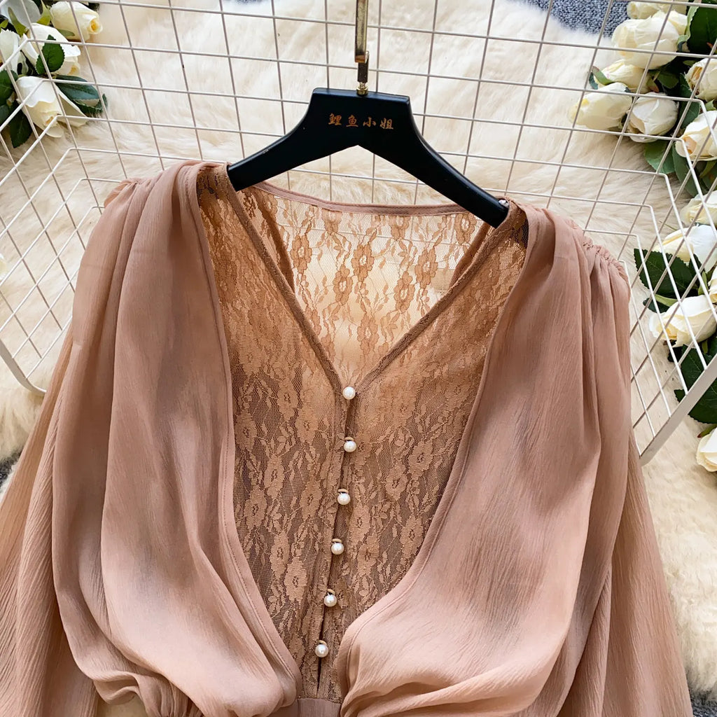 Fairycore Lace Chiffon Dresses With Stretch Shorts Pearl Button Bow Female Ruffles Sheer Seaside Holiday Mini Dress