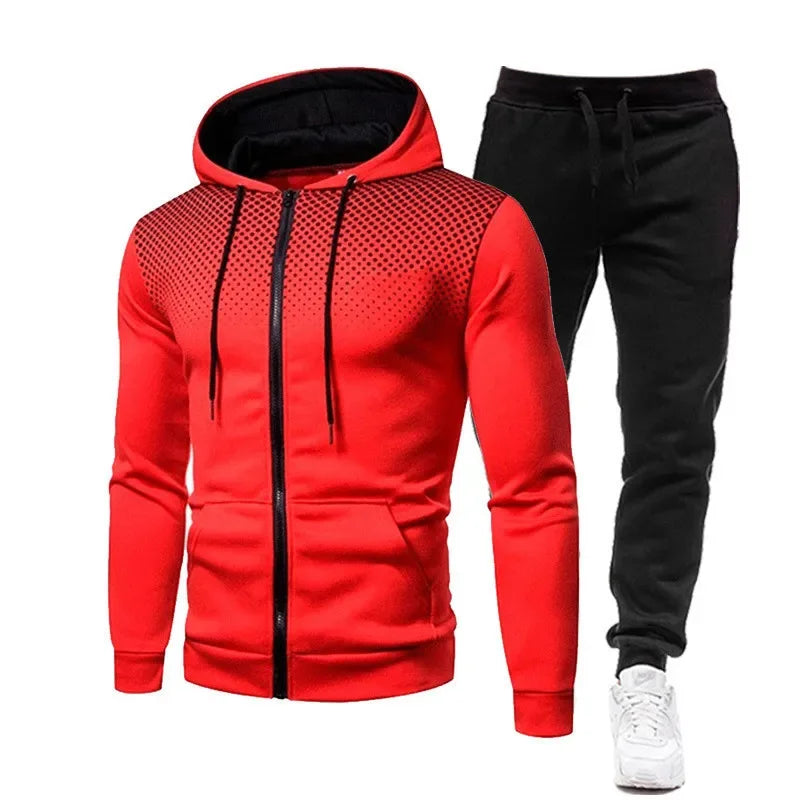 2025 Men's Sports Set Outdoor Running Clothing Spring Autumn Dot Print Zipper Hoodie And Sports Pants Two-Piece Set