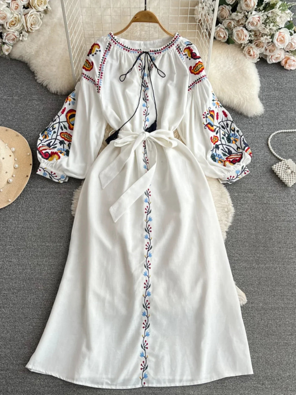 Retro Ethnic Sle Long Sve Embroidered round Ne A-Line Cotton Linen Dr Slimming Waist Cinched Ele Long Dr
