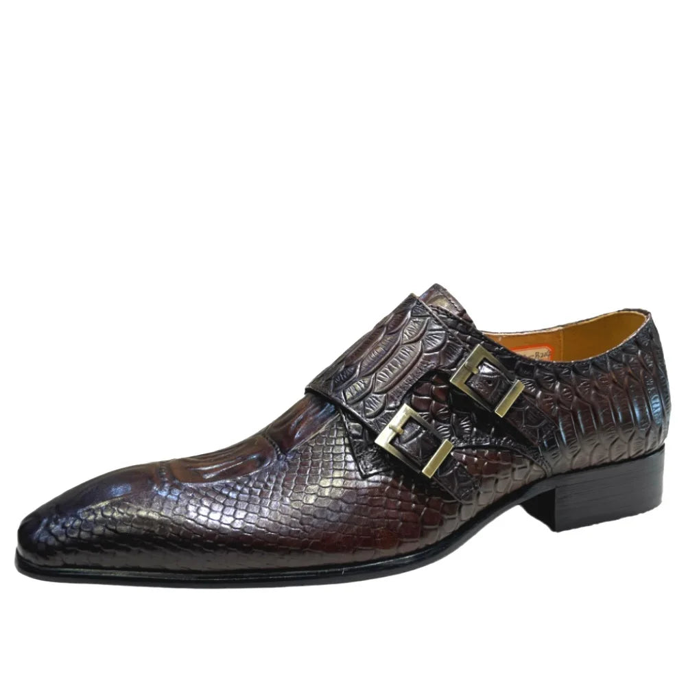 Men's Italian Genuine Leather Formal Oxford Shoes Python Crocodile Pattern Button Detailing for Office Party Wedding Footwear