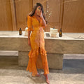 V-neck Organza Floral Chiffon Puff Sleeve Slit Long Dress Bodycon High Slit Bodycon Sexy Dresses Lady Chic Daily Sweet Date Robe