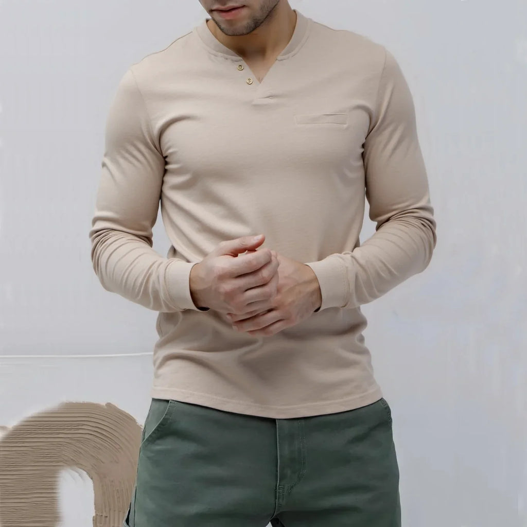 Men's 100% Cotton Henley T-Shirt Long Sleeve Solid Color with Fake Pocket Casual Comfortable Autumn Top