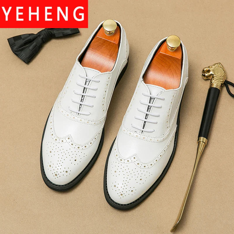 Luxury Italian White Groom Leather Shoes Men's Business Wingtip Oxfords Monk Lace-up Brock Banquet Wedding Formal Shoes for Men