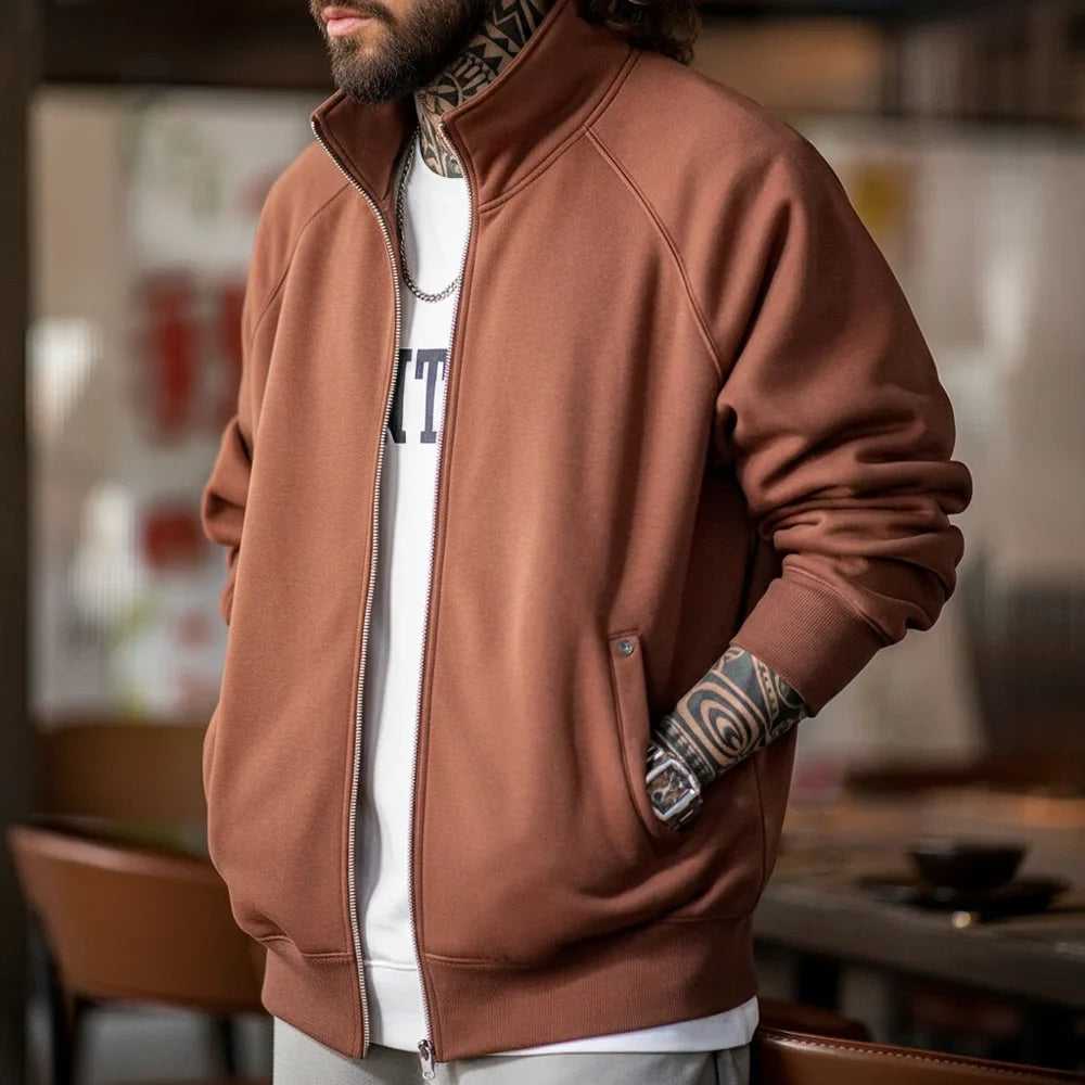 Casual Polar Fleece Cardigan Sweatshirt Stand-up Collar Sports Zipper Jacket Warm Versatile Coat for Men's Fall and Winter