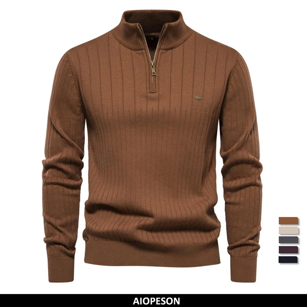 2024 Autumn Quarter Zipper Mock Neck Pullover Sweaters for Men Quality Warm Winter Cotton Knitted Men's Sweaters