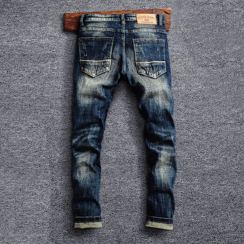 Men Jeans Retro Black Blue Elastic Slim Fit Ripped Jeans Men