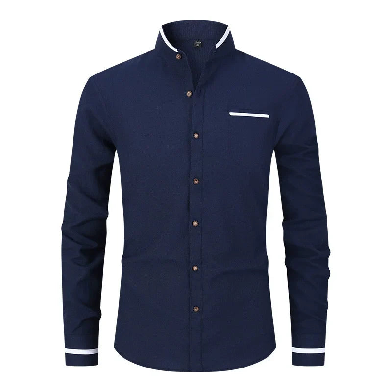 New Fashion Patchwork Long Sleeeve Casual Shirts Men Stand Collar Slim Fit Blouses High Quality Spirng Autumn Male Dress Shirt
