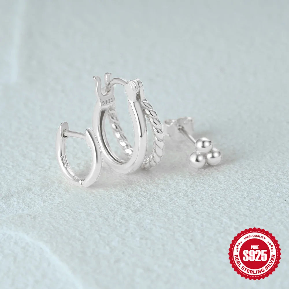 925 Sterling Silver 3PCS Zircon Double Layer Hoop Earrings For Women Minimalism Ins Earrings Fine Jewelry Party Gift