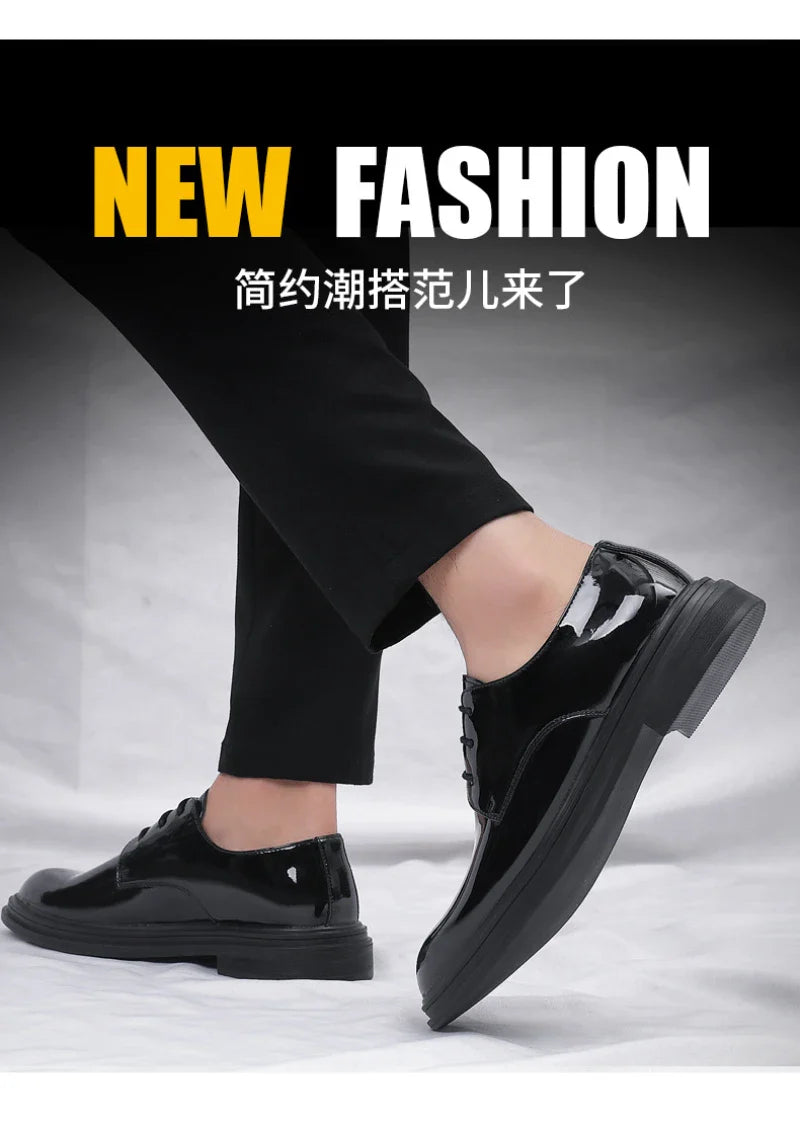 Mens Black Patent Leather Lace Up Dress Shoes With Thick Sole Platform Block Heel Formal Business Wedding Party Office Work Shoe