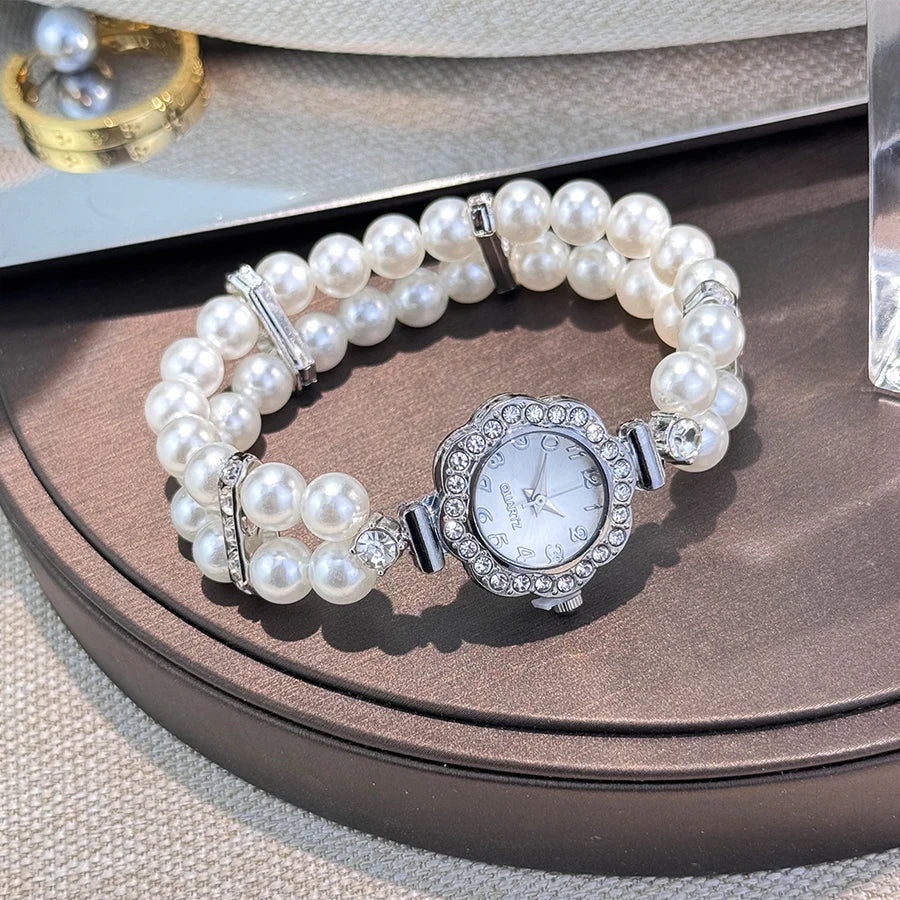 New Elegant Pearl Diamond-Encrusted Elastic Band Watch Vintage Luxury Bracelet Style Convenient for Ladies Quartz Wristwatch
