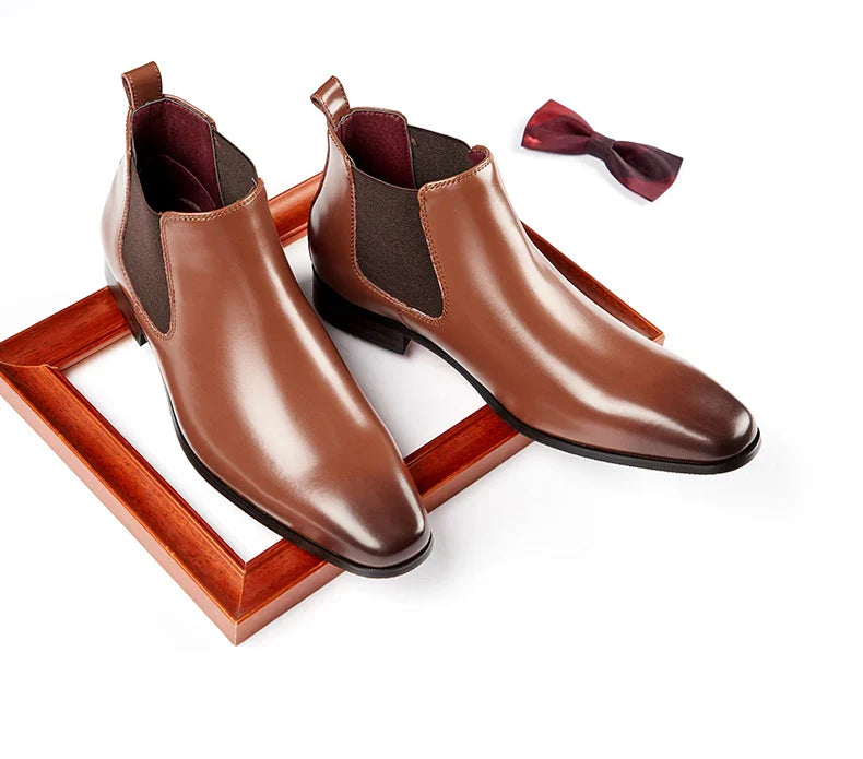 Elegant Simple Men Leather Boots Long Tip Square Toe British Chelsea Boots for Men Formal Business Luxury Shoes Spring Winter