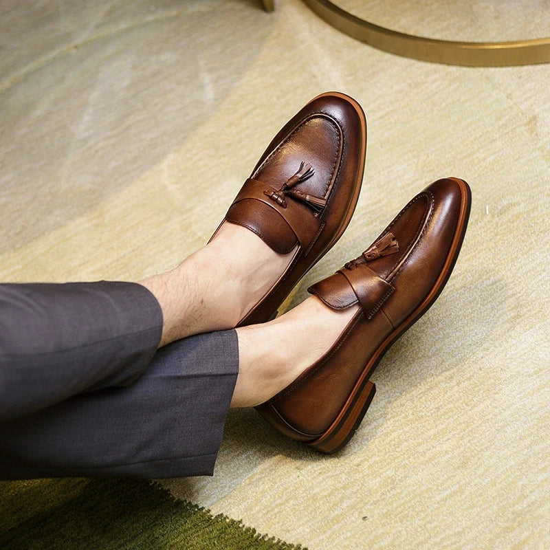 High-end Quality Retro Men's Shoes Fashion Casual Leather Shoes Head Cowhide Tassel Loafers Men Moccasins Italian Large Size 46