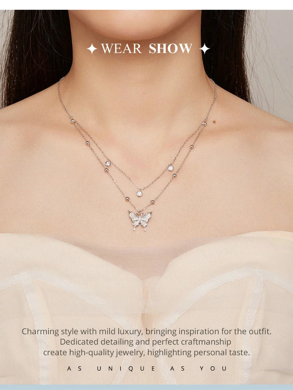 925 Sterling Silver Double-layer Tassel Butterfly Pendant Necklace for Women Engagement Gift Fine Jewelry BSN308