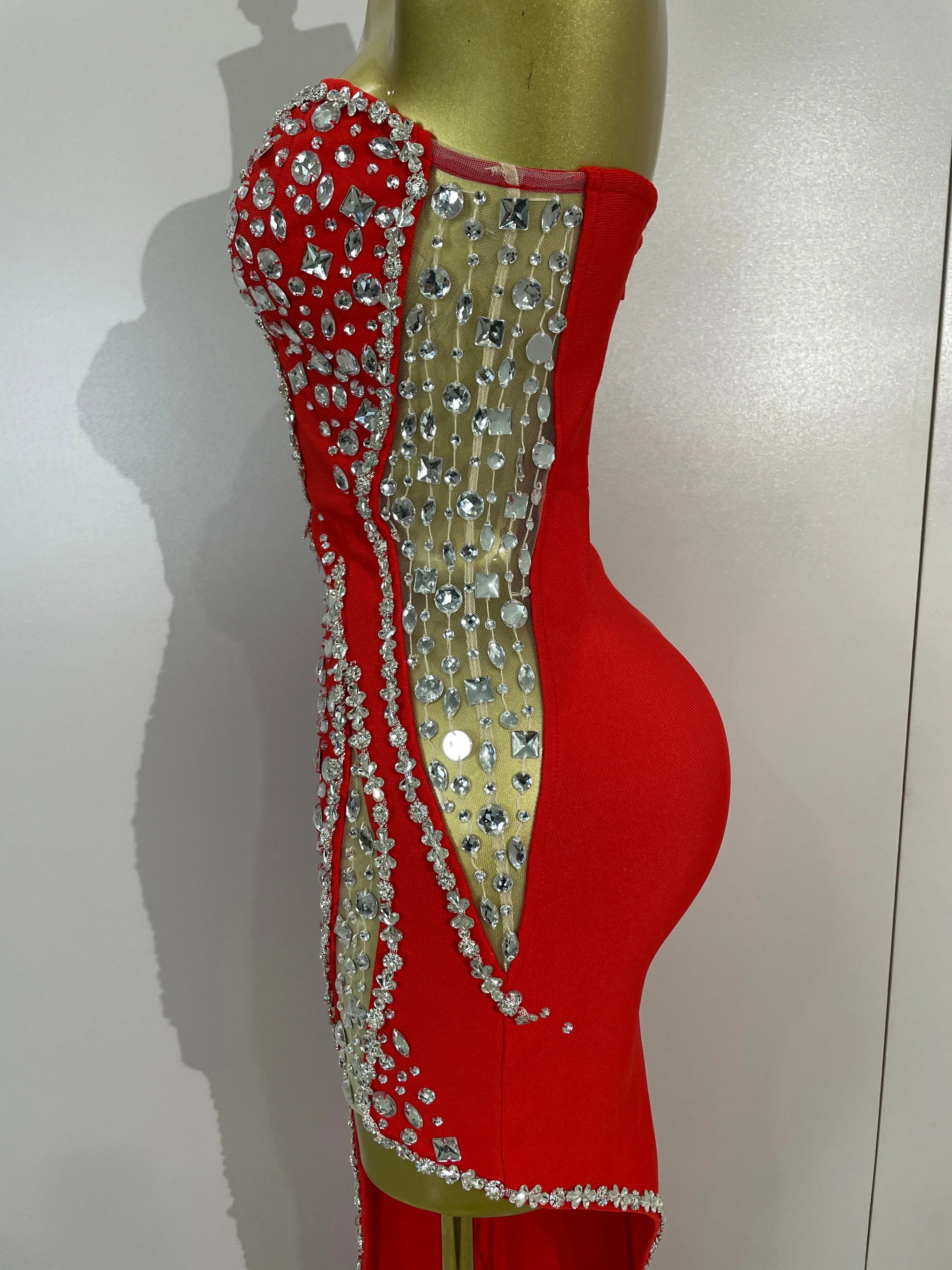 Newest High Quality Sexy Strapless Shinning Rhinestones Bodycon Bandage Long Dress Women Fashion Celebrate Evening Party Vestido