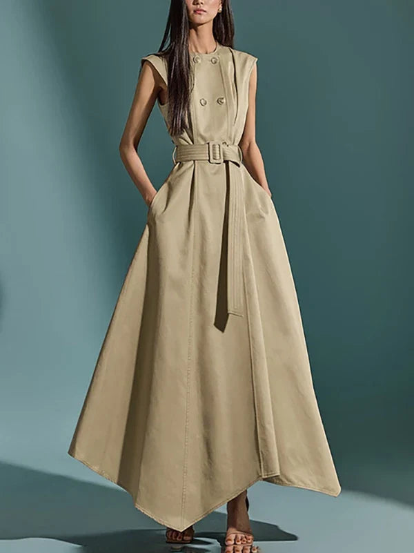 Summer 2025 Women's Elegant Sleeveless Cotton-Blended Dress Double Button High Waist A-Line Office Dresses with Belt
